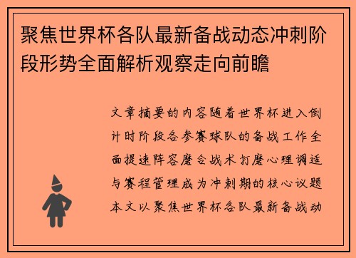 聚焦世界杯各队最新备战动态冲刺阶段形势全面解析观察走向前瞻